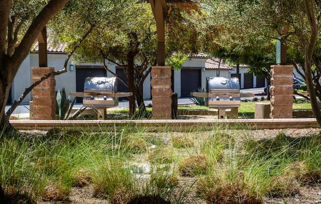 A park with benches and trees.