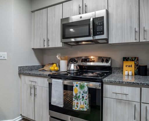 Renovated kitchen with stainless steel appliances and granite countertops at Elme Alexandria, Virginia