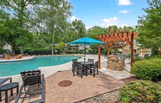 a backyard with a pool and patio with tables and umbrellas