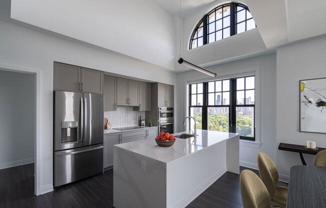 a kitchen with a large island and stainless steel appliances  at The Belden Stratford, Chicago, Illinois
