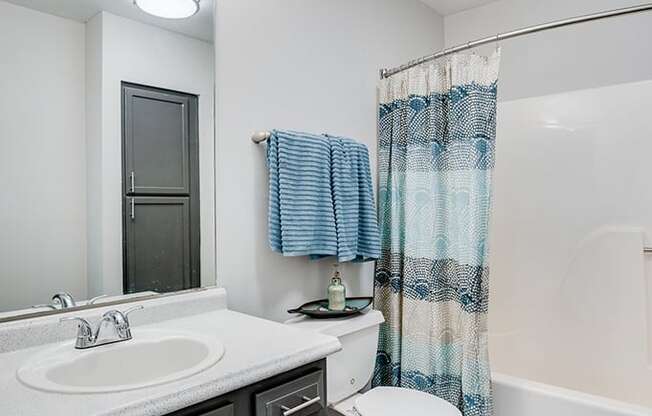 Bathroom with Large Vanity and Shower with Tub