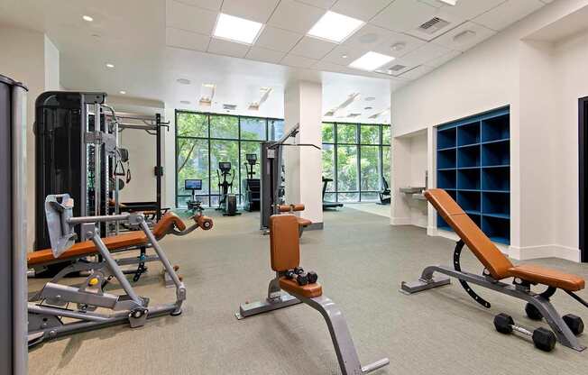 A gym with a variety of equipment including a leg press machine, a chest press machine, and a squat rack.