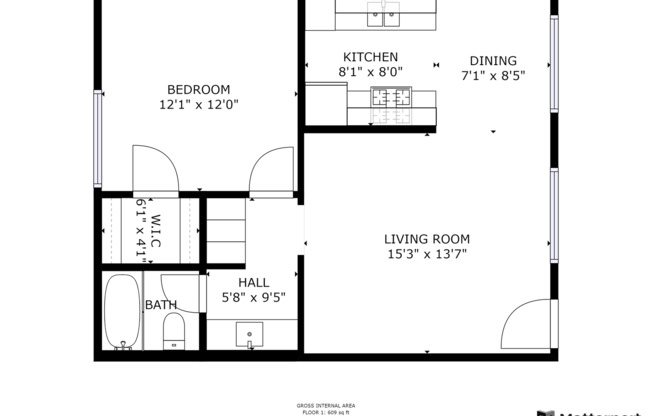 1 bed, 1 bath, 615 sqft, $2,450