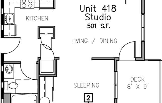Studio, 1 bath, 501 sqft, $1,600, Unit 418