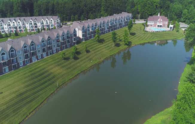 Drone View of Community Lake at LakePointe Apartments, OH 45103