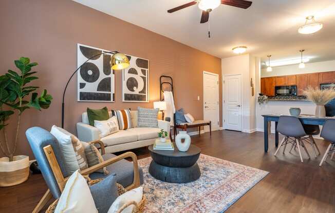 a living room with a couch and a table