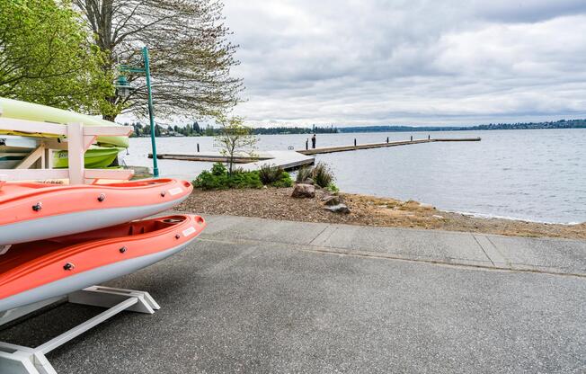 Waterfront access near Downtown Kirkland with kayak launches, scenic shoreline paths, and lakefront views supporting active outdoor living.