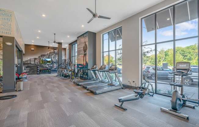 Pet Friendly Apartments in Cornelius, NC - The Junction at Antiquity Fully-Equipped Fitness Center with Cardio Machines, Free Weights, and Large Windows