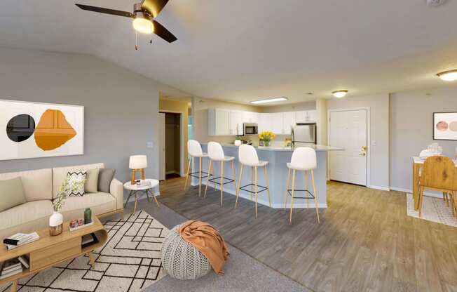 Open and contemporary layout with living room flowing into the kitchen and separate dining area.