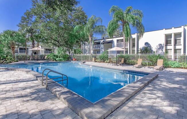 a pool next to a building