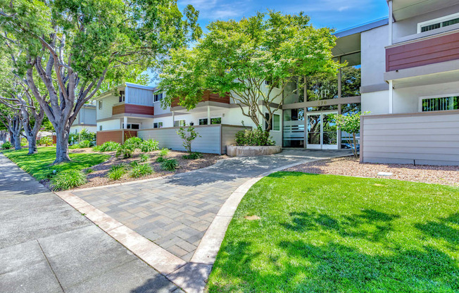 A residential area with a tree and a building.