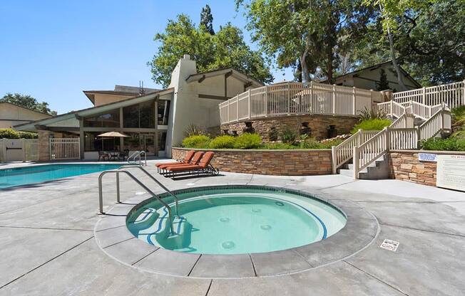 Jacuzzi Area with Lounge Chairs and Pool View at The Meadows at Westlake Village, California, 91361