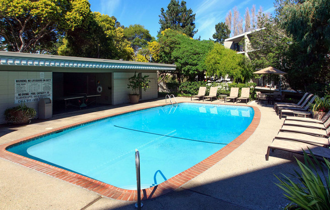 a large swimming pool with lounge chairs and trees in the background