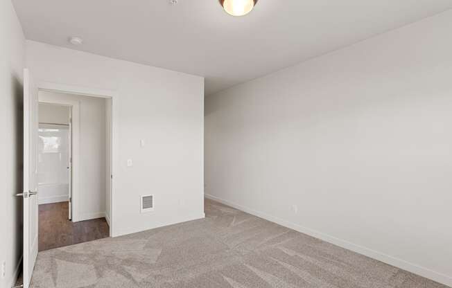 A room with a carpeted floor and a doorway leading to another room.