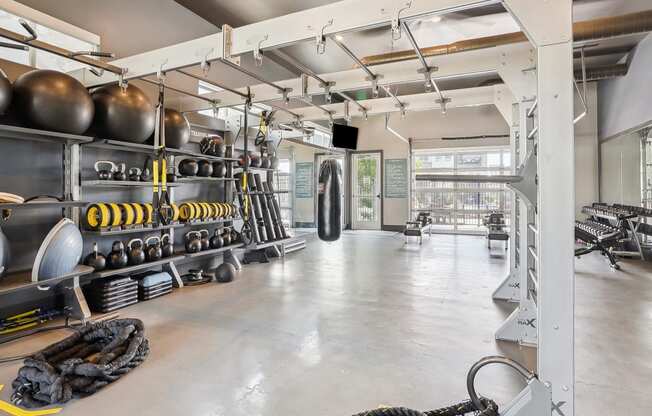 the interior of a gym with weights and racks of equipment