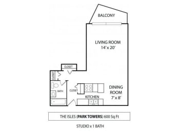 Studio, 1 bath, 600 sqft, $1,230