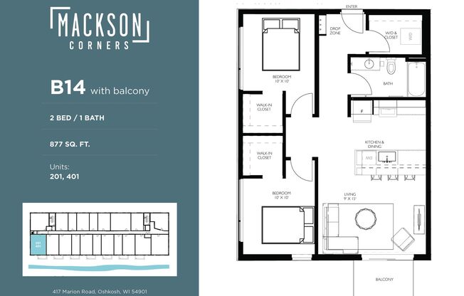 2 beds, 1 bath, 877 sqft, $2,150, Unit 301