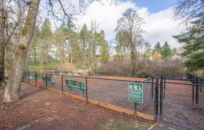 a dog park with benches and a fence