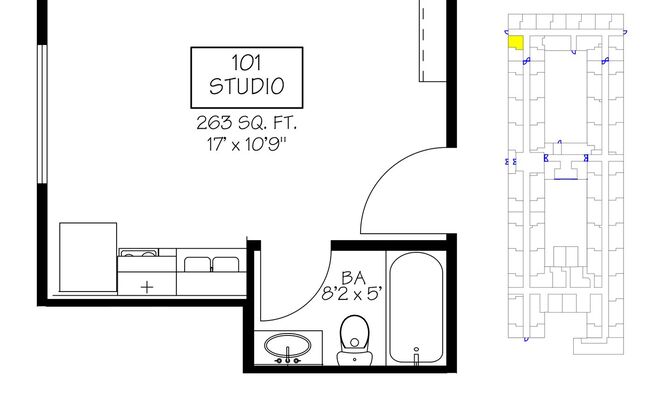 Studio, 1 bath, 263 sqft, $700, Unit 101