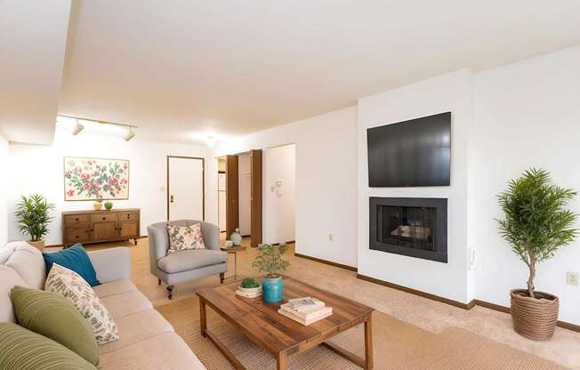 A living room with a grey couch, a coffee table, a fireplace, and a potted plant.