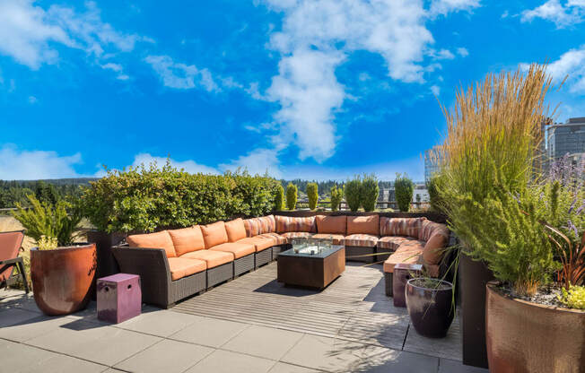 Lux Apartments rooftop patio with couches and tables and potted plants