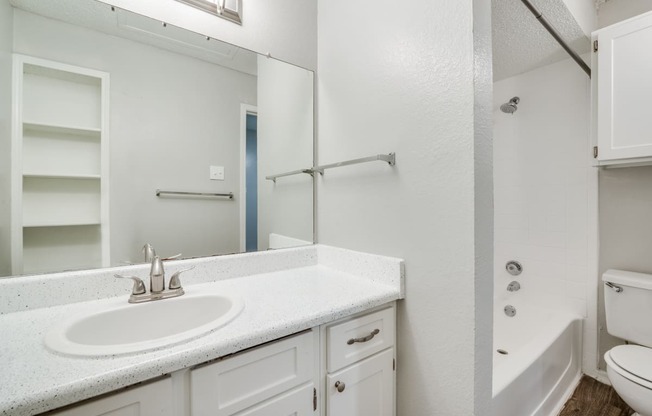 a bathroom with a sink and a shower and a toilet