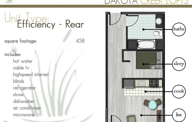 Studio, 1 bath, 428 sqft, $695, Unit 126