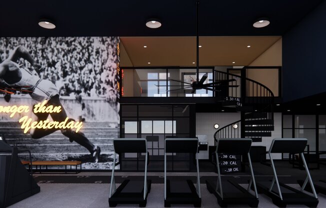 Club-quality fitness studio with TRX system and spin bikes.