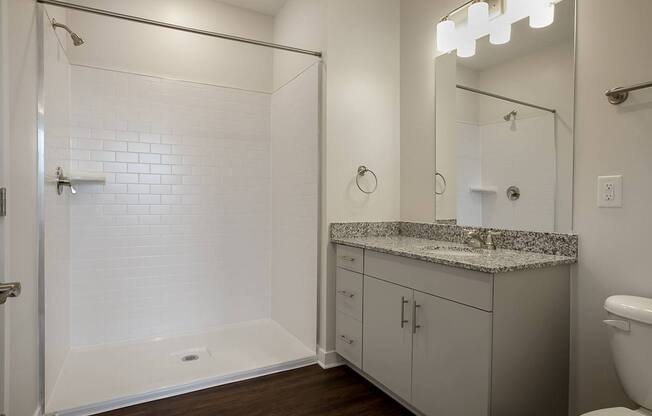 A white bathroom with a walk-in shower and a toilet.