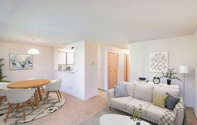 A living room with a couch, table, and chairs.