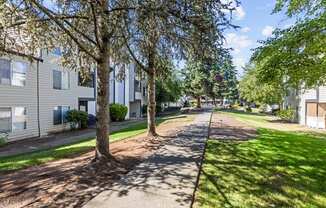a sidewalk with trees and houses on either side of it
