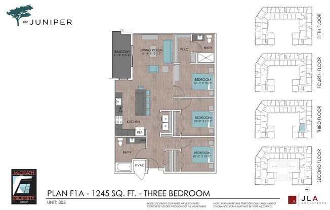 3 beds, 2 baths, 1,245 sqft, $2,225, Unit 303