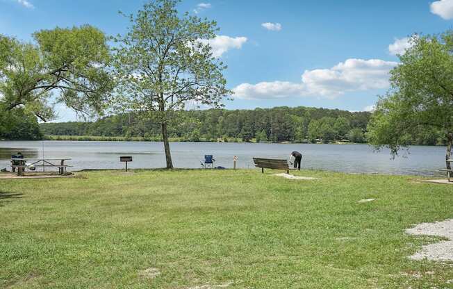 Sweetwater creek state park- grills, people fishing and sitting on benches.