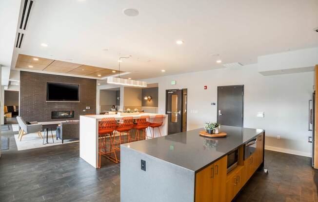 Community Room Kitchen Area & Fireplace Lounge