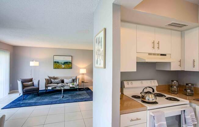 A modern kitchen with a blue rug and a living room with a grey sofa.