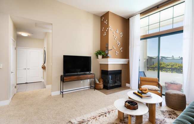 a living room with a fireplace and a television