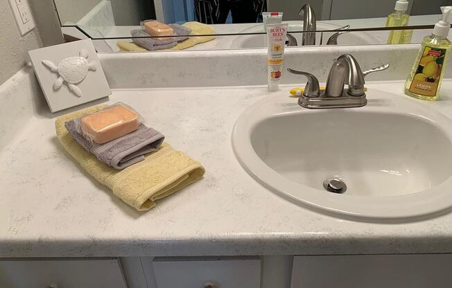 a counter with a sink and a mirror