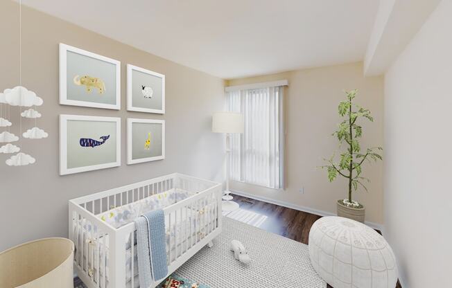 nursery with crib, seating area, large window and hardwood flooring at city towns apartments in washington dc