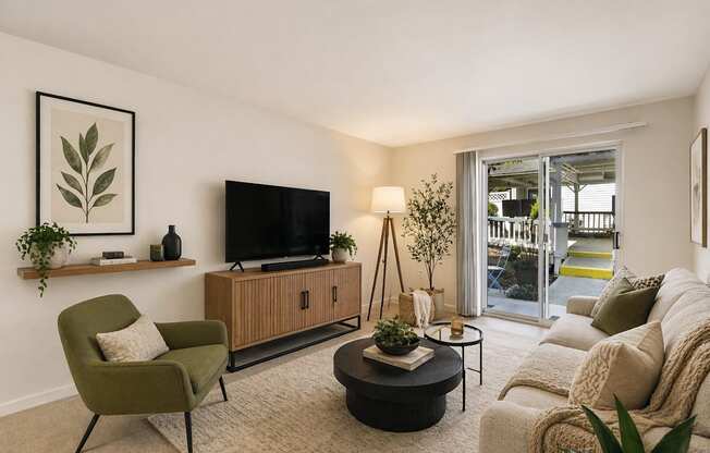 A living room with a green chair, a black coffee table, and a television.