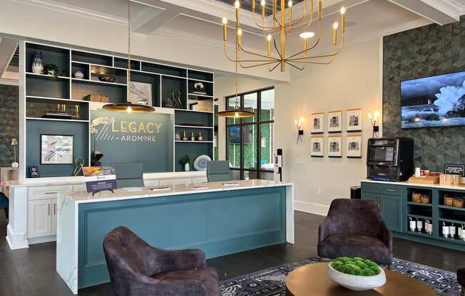 a lobby with a reception desk and chairs