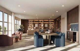 Sky lounge with custom built-ins, communal dining space, and lounge seating arranged for conversation or quiet co-working.