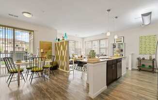 an open floor plan with a kitchen and dining area