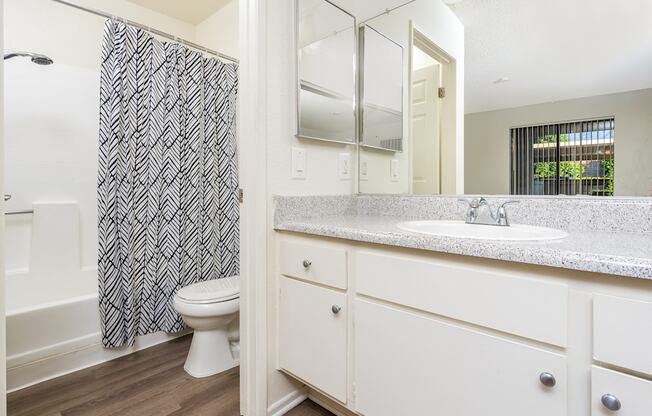 Sink, bathroom and shower at Woodbend, Alta Loma, CA, 91701