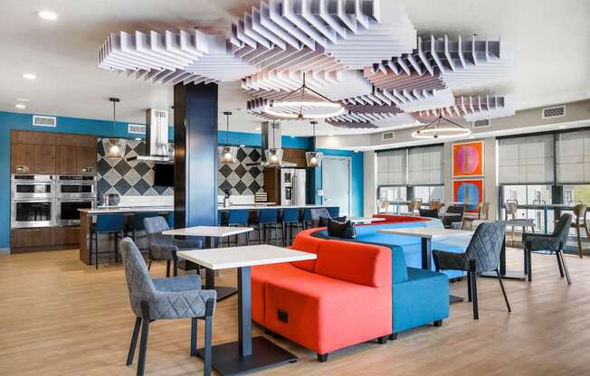 Community kitchen with seating and work stations