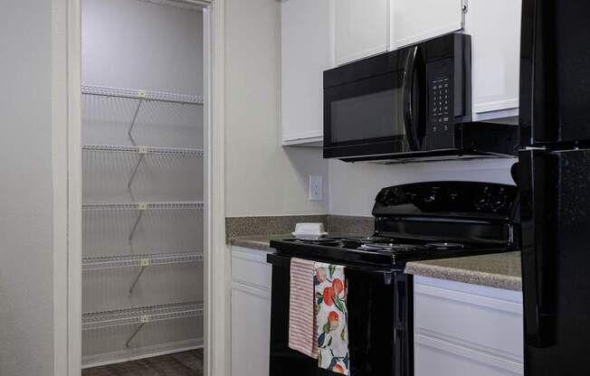 A kitchen view in the model unit at Skyler Ridge Apartments, showcasing white cabinets, a black stove, and a microwave.