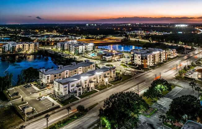 an aerial view of a city at night