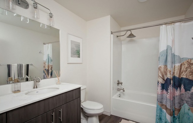 Bathroom with grey cabinets and quartz countertops