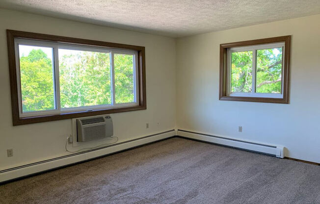 an empty room with two windows