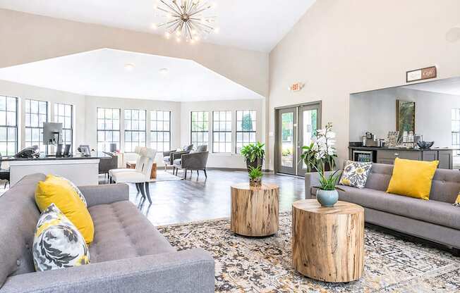 A living room with a grey couch and yellow pillows.