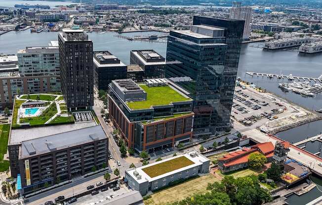 A cityscape with a large body of water in the background at 1305 Dock Street, Baltimore, MD, 21231